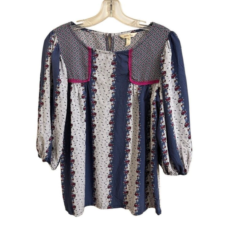 Matilda Jane A Quick Getaway Top Blue Magenta Floral Striped Size XS
